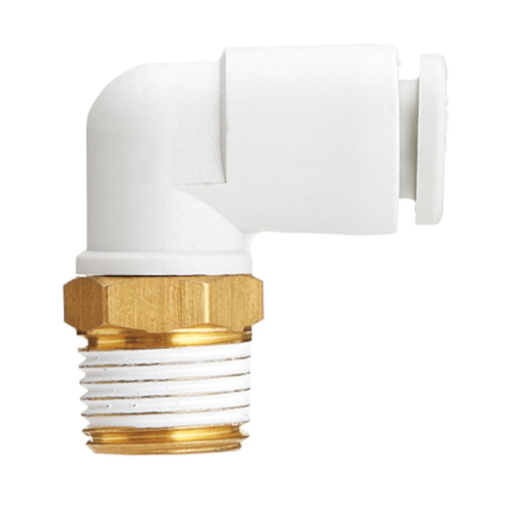 KQ2L han-albue - rustfrit stål eller messing/PBT - med gevindtætning - slangediameter 3,2 til 16 mm - hangevind R 1/8" til 1/2" - pakke med 2 til 10 stk. - pris pr. stk.