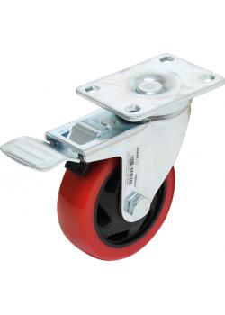 Svingbart hjul med brems - polyuretanhjul - hjul Ã 100 mm - total høyde 130 mm - lastekapasitet 100 kg - rød / svart