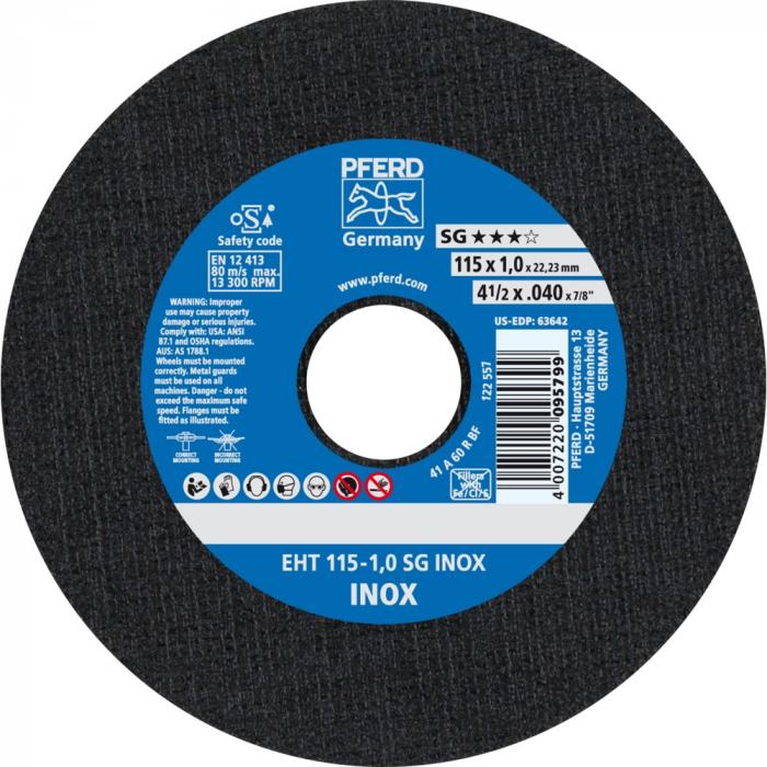 Disco da taglio PFERD EHT - SG INOX - Ø esterno da 115 a 230 mm - foro Ø 22,23 mm - confezione da 25 - prezzo per confezione