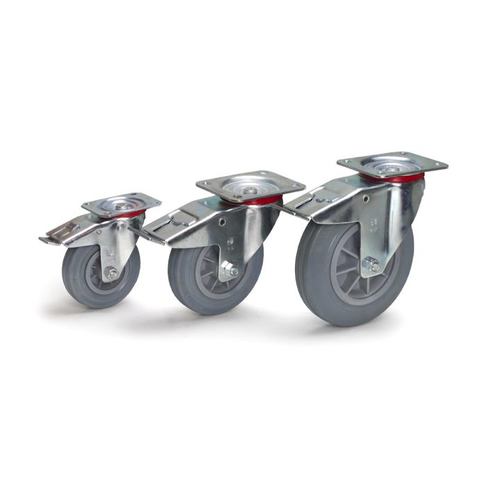 Svingbart hjul - massivt gummihjul - rullelager - hjul ˜ 125 til 200 mm - konstruksjonshøyde 165 til 237 mm - lastekapasitet 100 til 205 kg