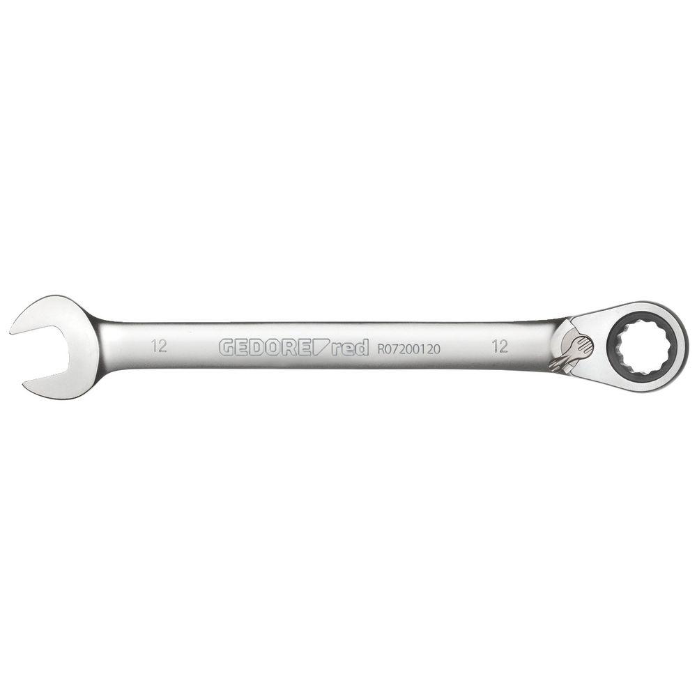 Gedore red combination ratchet wrench - with right/left-hand rotation, ratchet head angled at 15° - various wrench sizes. Wrench sizes