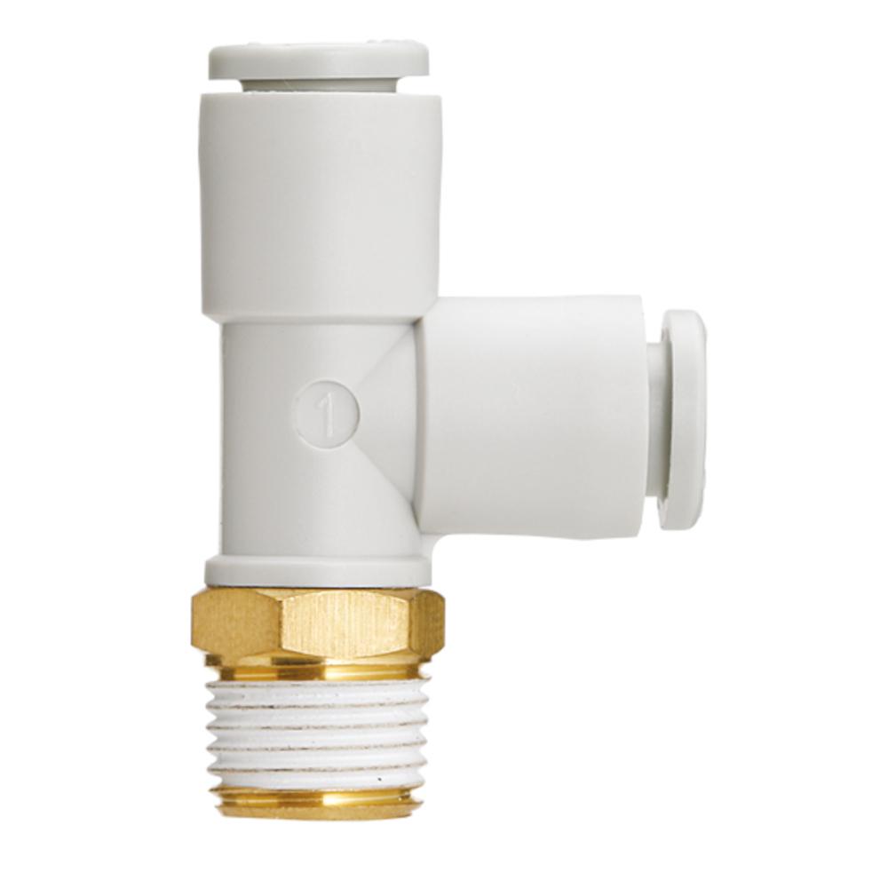 T-stykke KQ2Y - rustfrit stål eller messing/PBT - uden pakning - slangediameter 3,2 til 16 mm - udvendig gevind R 1/8" til 1/2" - pakke med 2 til 10 stk. - pris pr. stk.