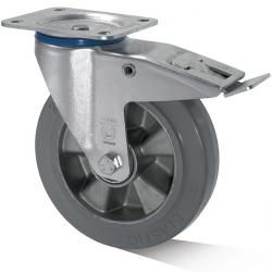Styrerulle - Aluminium - Kapasitet 200 - 400kg plate - kulelager -  med bremse - elastisk massiv gummihjul