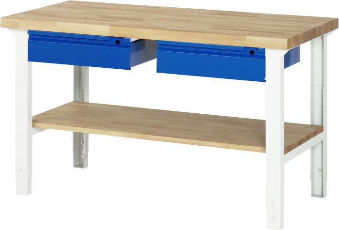 Workbench up to 750 kg - 40mm solid beech drawers + shelf - adjustable working h