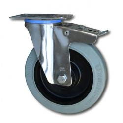 Roulette pivotante en acier inoxydable avec double frein - en caoutchouc élastique plein - Ø de la roue 200 mm - hauteur totale 243 mm - capacité de charge 350 kg
