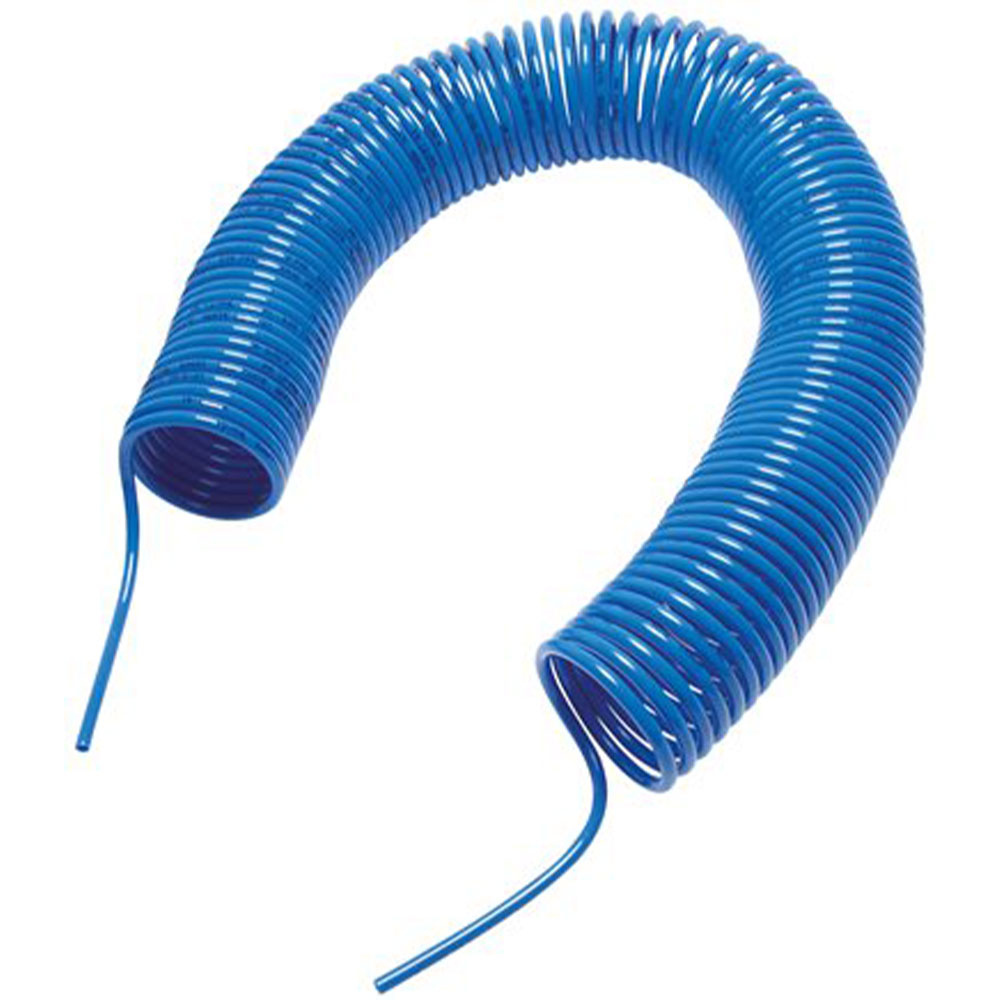 Tuyau spiralé en PA - bleu - sortie axiale - Ø intérieur 2,5 à 12 mm - Prix au rouleau