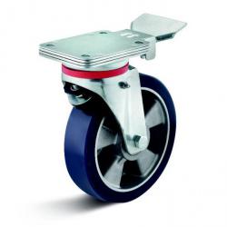 Drejeligt hjul - elastisk polyurethanhjul - pladelås - hjul Ø 200 mm - konstruktionshøjde 255 mm - lastekapacitet 700 kg