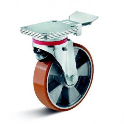 Drejeligt hjul - polyuretanhjul - pladelås - hjul Ø 200 mm - højde 255 mm - bæreevne 700 kg