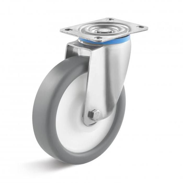 Stainless steel swivel castor - thermoplastic wheel - wheel Ã˜ 80 to 200 mm - construction height 108 to 243 mm - load capacity 120 to 350 kg