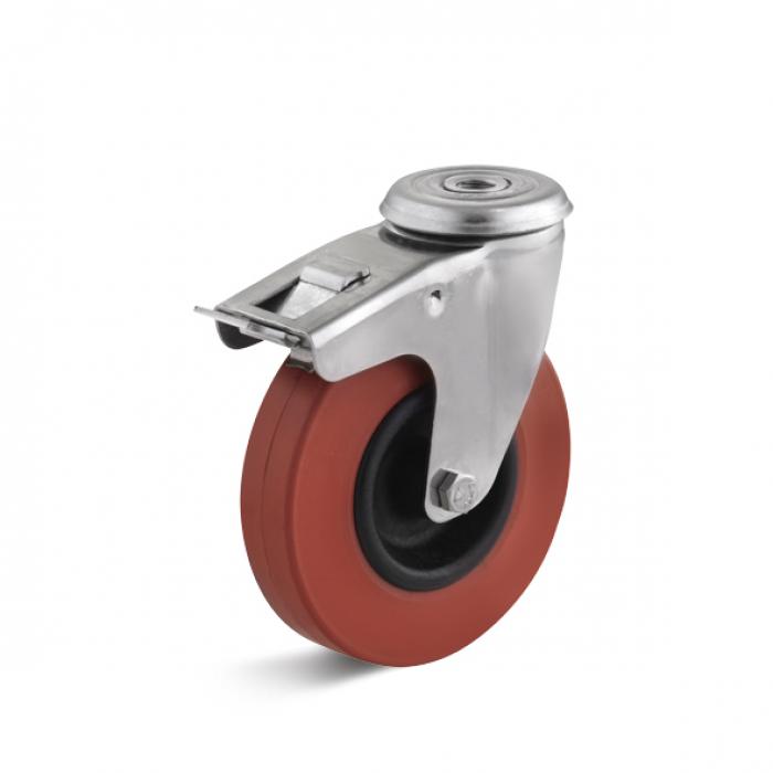 Drejeligt hjul i rustfrit stål - gummihjul - hjul Ø 100 til 150 mm - konstruktionshøjde 128 til 192 mm - belastningskapacitet 60 til 100 kg - varmebestandig.
