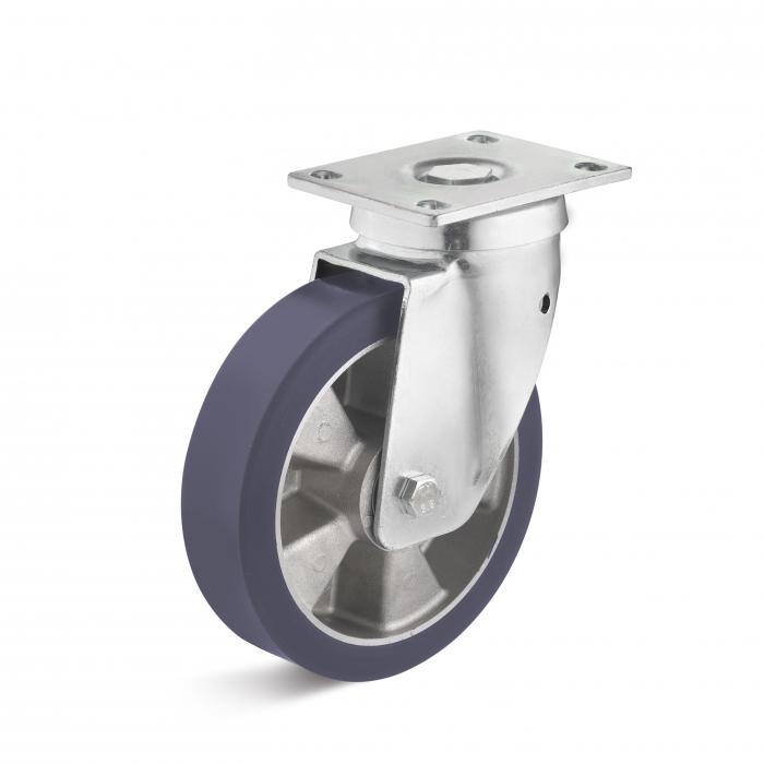 Heavy duty swivel castor - elastic PU wheel - wheel Ã˜ 100 to 200 mm - height 135 to 245 mm - load capacity 200 to 700 kg