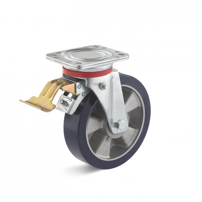 Roulette pivotante très résistante avec frein - roue en polyuréthane élastique - Ø de la roue 100 à 250 mm - hauteur totale 127 à 297 mm - capacité de charge 200 à 900 kg