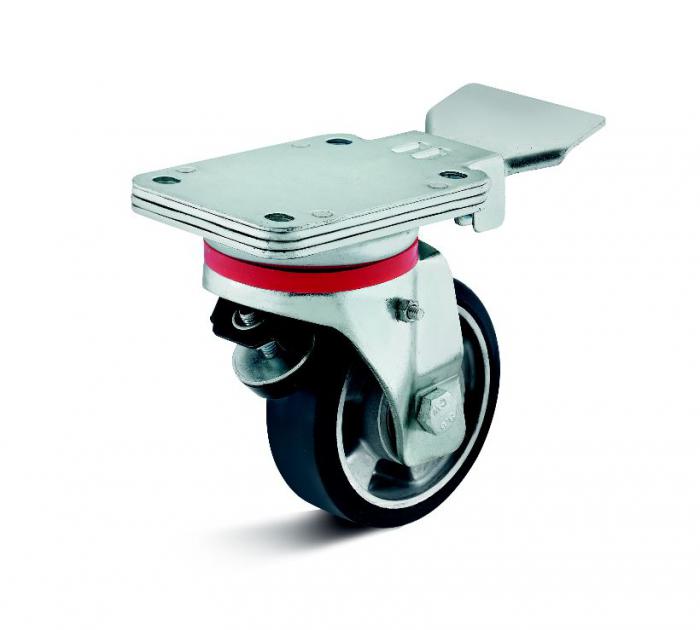 Swivel top plate brakes and elastic solid rubber wheel