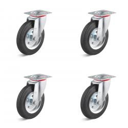 Rullesett - 4 svingbare hjul - rullelager - hjul Ã˜ 80 til 200 mm - høyde 100 til 235 mm - lastekapasitet / sett 150 til 615 kg
