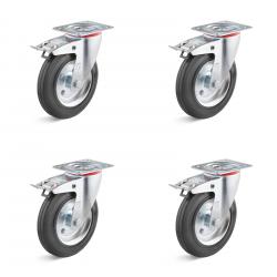 Hjulsett - 4 svingbare hjul med dobbelt stopp - hjul Ã˜ 80 til 200 mm - høyde 100 til 235 mm - lastekapasitet / sett 150 til 615 kg