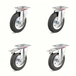 Hjulsett - 4 svingbare hjul - massivt gummihjul - hjul Ã˜ 80 til 200 mm - høyde 100 til 235 mm - lastekapasitet / sett 150 til 615 kg