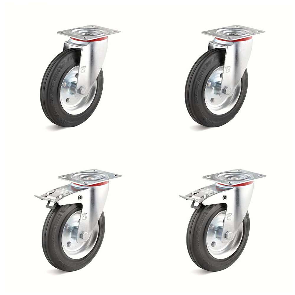 Hjulsett - 4 svingbare hjul - massivt gummihjul - hjul Ã˜ 80 til 200 mm - høyde 100 til 235 mm - lastekapasitet / sett 150 til 615 kg