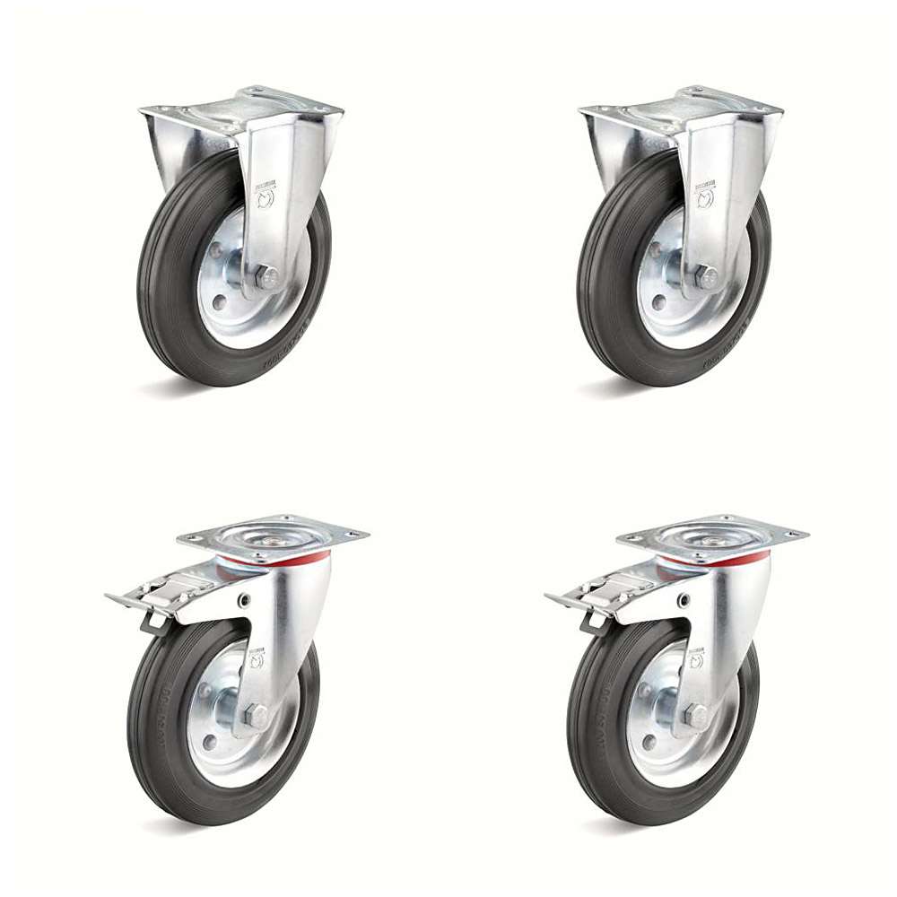 Hjulsett - 2 svingbare og 2 faste hjul - hjul Ã˜ 80 til 200 mm - høyde 100 til 235 mm - lastekapasitet / sett 150 til 615 kg