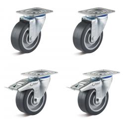 Set de roulettes - Set de 4 roulettes pivotantes très résistantes dont 2 avec double frein - Ø des roues 80 à 100 mm - hauteur totale 100 à 125 mm - capacité de charge/set 360 à 540 kg