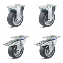 Hjulsæt - 2 drejelige og 2 faste hjul - hjul Ø 80 til 100 mm - byggehøjde 100 til 125 mm - kapacitet / sæt 360 til 540 kg
