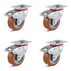 Set de roulettes - Set de 4 roulettes pivotantes très résistantes avec double frein - en polyuréthane - Ø de la roue 80 à 100 mm - hauteur totale 109 à 128 mm - Capacité de charge/set 540 à 840 kg