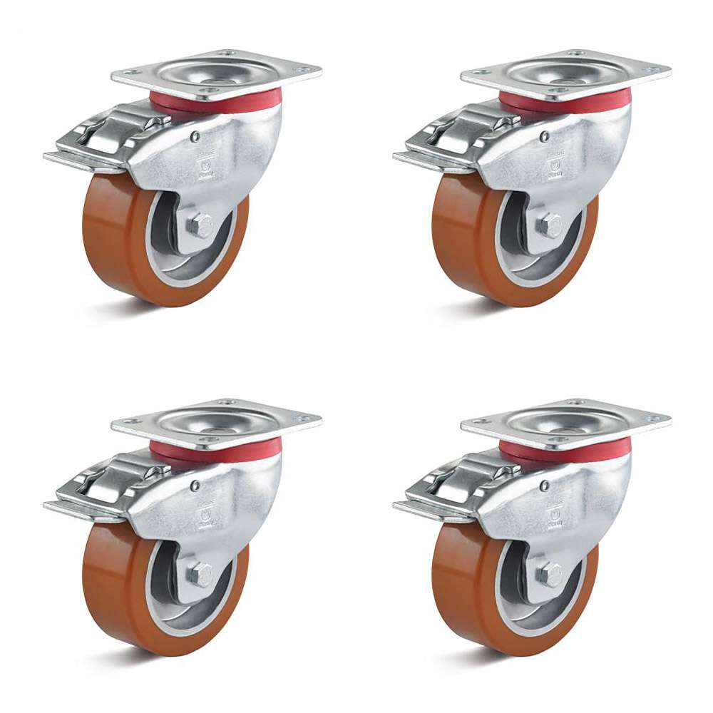 Set de roulettes - Set de 4 roulettes pivotantes très résistantes avec double frein - en polyuréthane - Ø de la roue 80 à 100 mm - hauteur totale 109 à 128 mm - Capacité de charge/set 540 à 840 kg