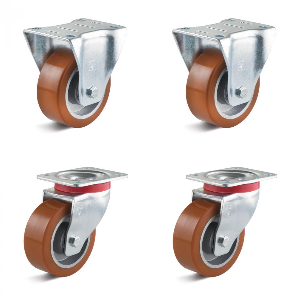 Castor set - 2 swivel and 2 fixed castors - wheel Ã˜ 80 to 100 mm - construction height 108 to 128 mm - load capacity / set 540 to 840 kg