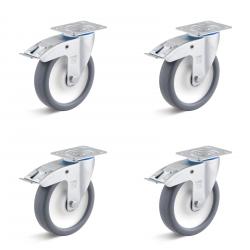 Hjulsett - 4 svinghjul i termoplast - hjul ˜ 80 til 200 mm - høyde 100 til 235 mm - lastekapasitet / sett 360 til 1050 kg
