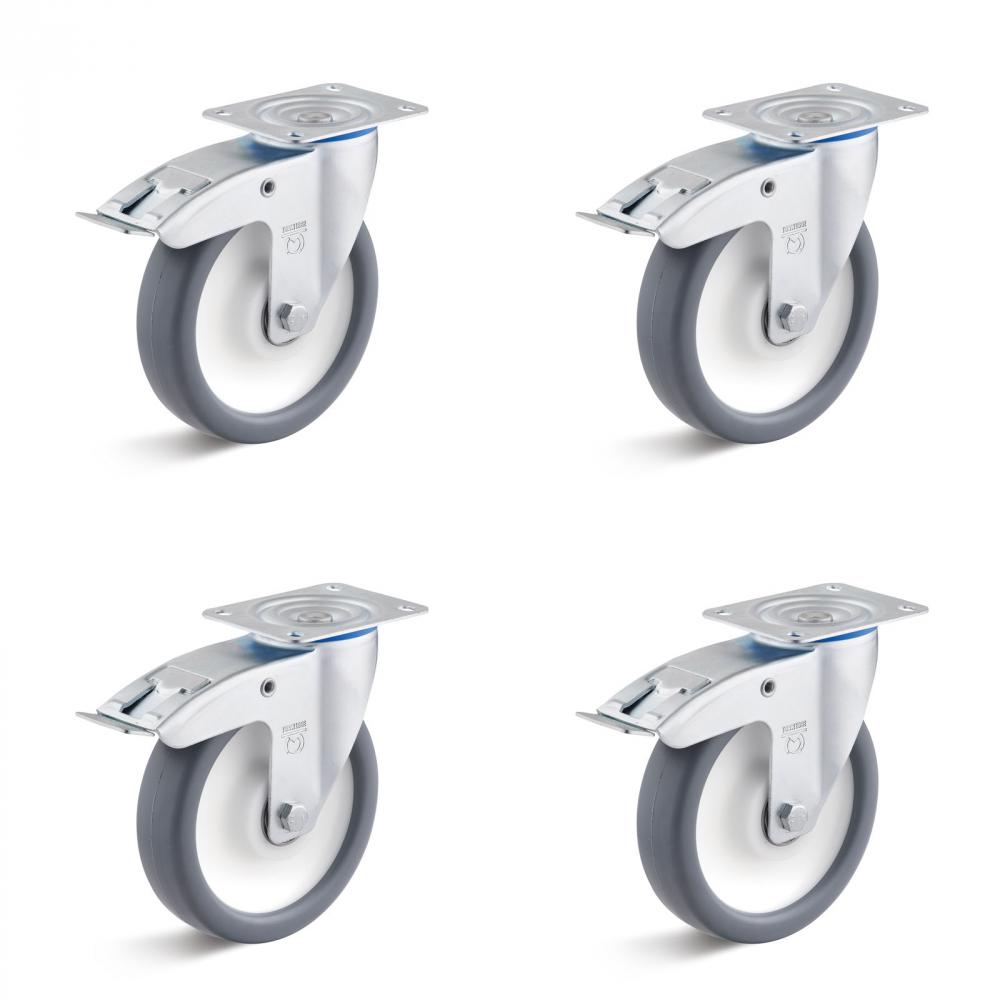 Hjulsett - 4 svinghjul i termoplast - hjul ˜ 80 til 200 mm - høyde 100 til 235 mm - lastekapasitet / sett 360 til 1050 kg