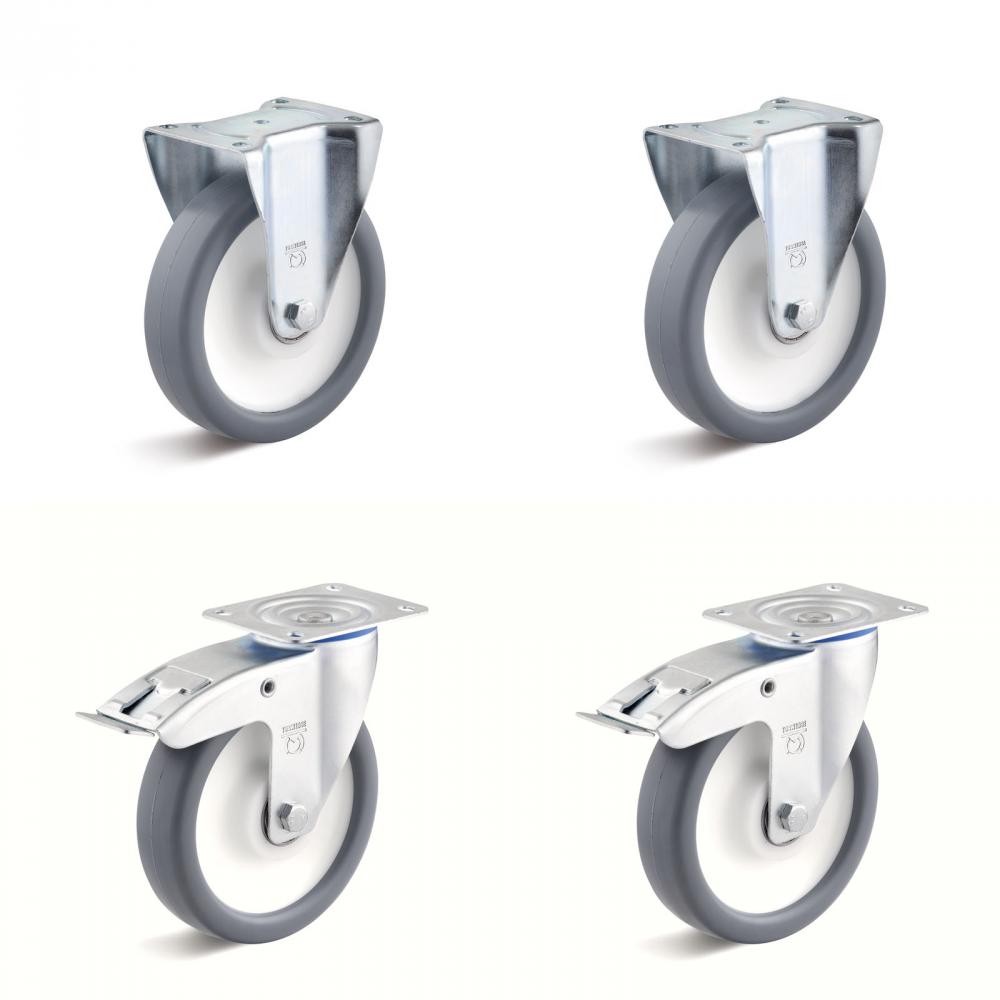 Castor set - 2 swivel and 2 fixed castors - wheel Ø 80 to 200 mm - construction height 100 to 235 mm - load capacity / set 360 to 1050 kg