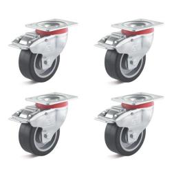 Hjulsett - 4 svingbare hjul - hjul ˜ 80 til 100 mm - konstruksjonshøyde 108 til 128 mm - lastekapasitet / sett 360 til 540 kg