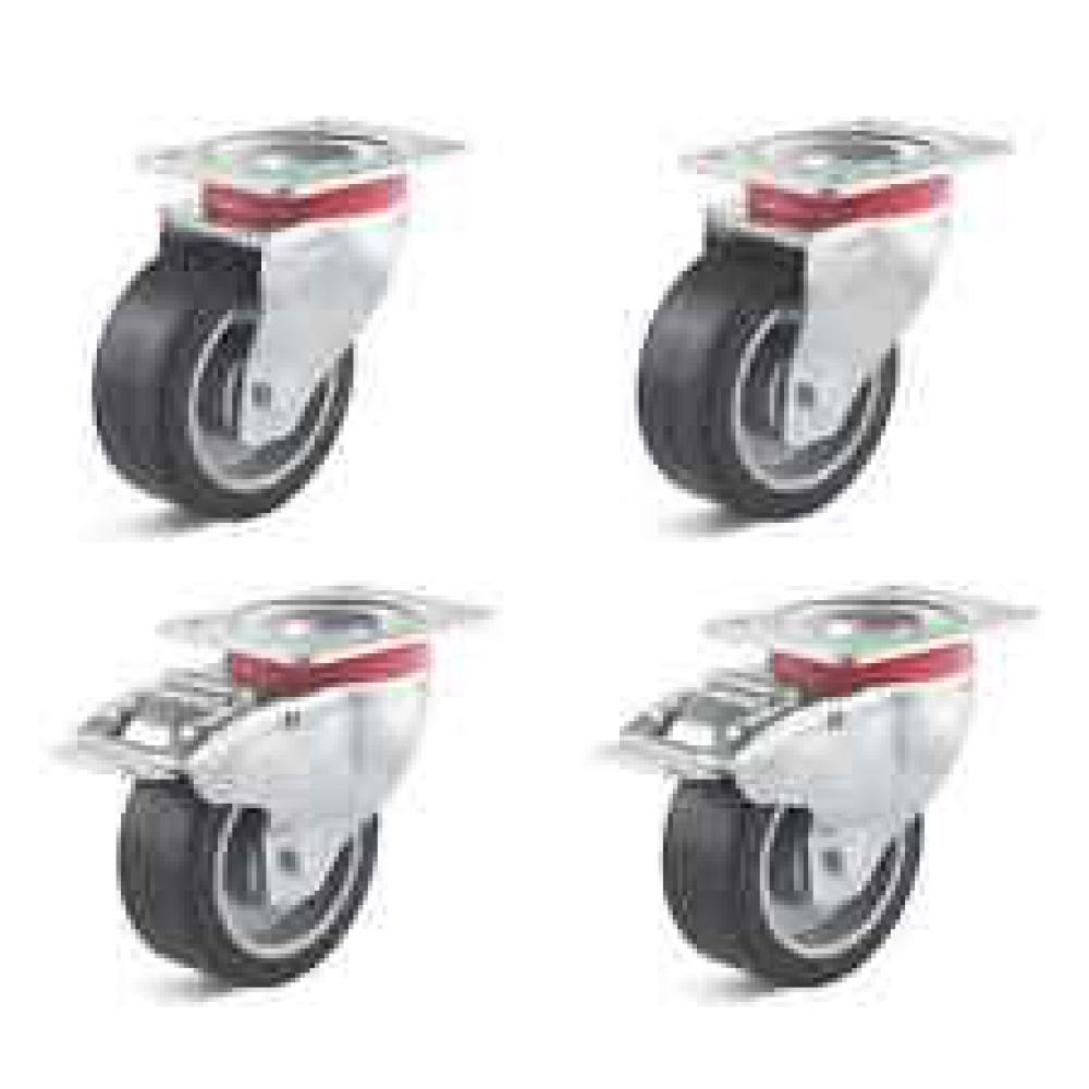 Hjulsæt - 4 drejelige hjul - hjul Ø 80 til 100 mm - konstruktionshøjde 108 til 128 mm - belastningskapacitet / sæt 360 til 540 kg