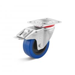 Swivel castor with double stop - elastic solid rubber wheel - wheel Ã˜ 100 mm - height 125 mm - load capacity 150 kg - blue