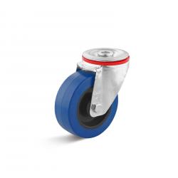 Swivel castor with back hole - elastic solid rubber wheel - wheel Ã˜ 100 mm - construction height 124 mm - load capacity 150 kg - blue
