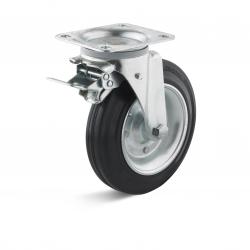 Vridbart hjul med dubbelt stopp - massivt gummi - för papperskorg - hjul Ø 200 mm - konstruktionshöjd 238 mm - lastkapacitet 205 kg
