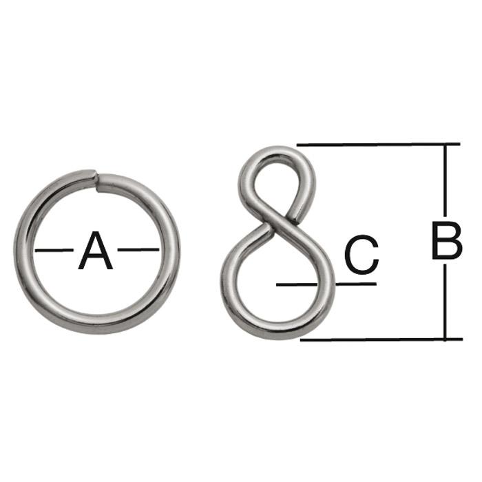 S-krok + ring - stål - 5 kort med 2 krokar + 1 ring vardera