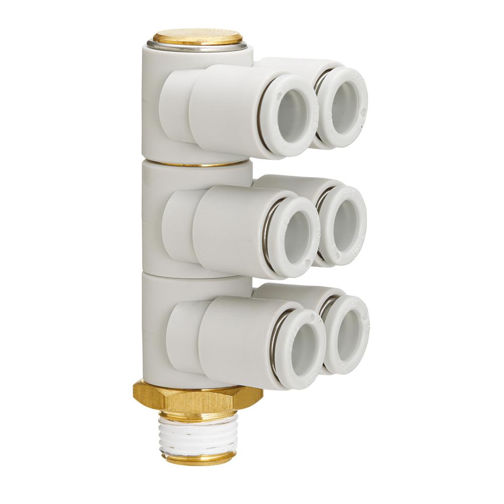 6-vägs hankoppling KQ2ZT - mässing/PBT - utan tätning - slangdiameter 4 till 12 mm - utvändig gänga R 1/8" till 1/2" - 5- eller 10-pack - pris per styck