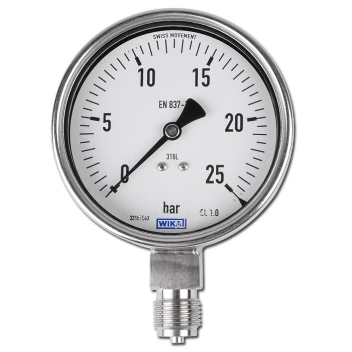 Manometer - klass 1,0 - Ø 100 mm - stående - ansl. nedtill G 1/2" - från -1 till 1000 bar