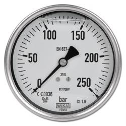 Glycerin-Manometer Klasse 1,0 -  Ø 100 mm von -1 bar bis 250 bar - Edelstahl - waagerecht - Chemieausführung