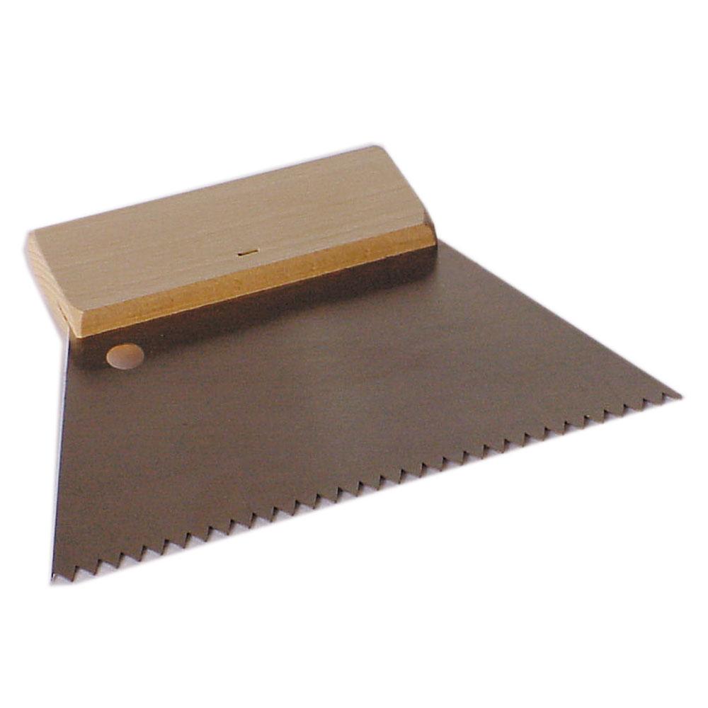 Toothed spatula - hardened tool steel - blade width 180 to 250 mm - wooden back strip
