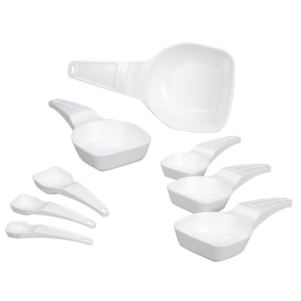 Set di cucchiai dosatori - PS - bianco - con bordo per pulire - 8 cucchiai  - contenuto da 0,5 a 50 ml
