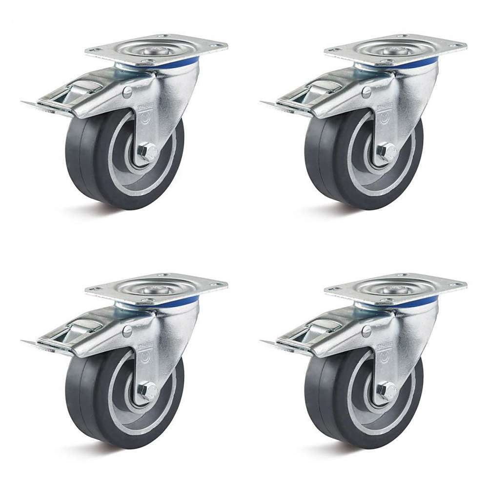 Hjulsett - 4 kraftige dreiehjul - hjul ˜ 80 til 100 mm - høyde 100 til 125 mm - lastekapasitet / sett 360 til 540 kg