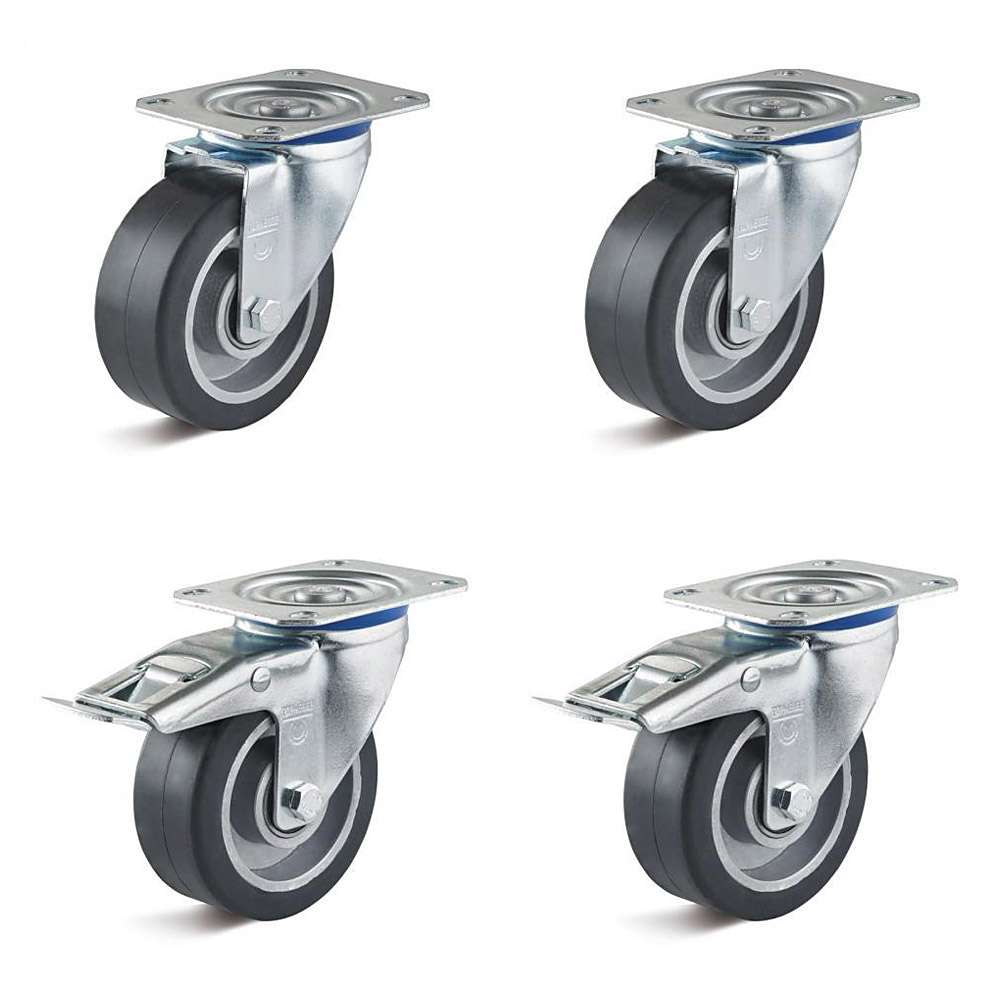 Hjulsæt - 4 kraftige drejelige hjul - Hjul Ø 80 til 100 mm - Byggehøjde 100 til 125 mm - Bæreevne / sæt 360 til 540 kg