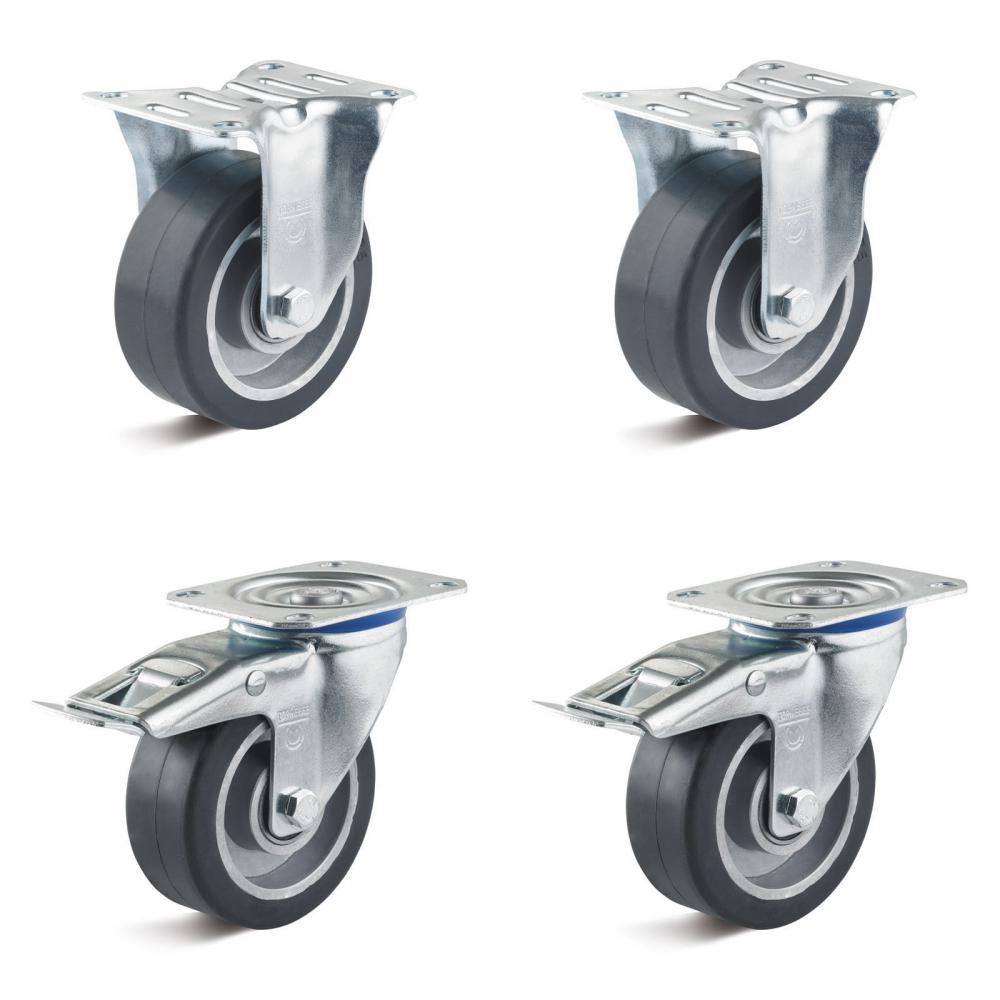 Hjulsæt - 2 drejelige og 2 faste hjul - hjul Ø 80 til 100 mm - byggehøjde 100 til 125 mm - kapacitet / sæt 360 til 540 kg