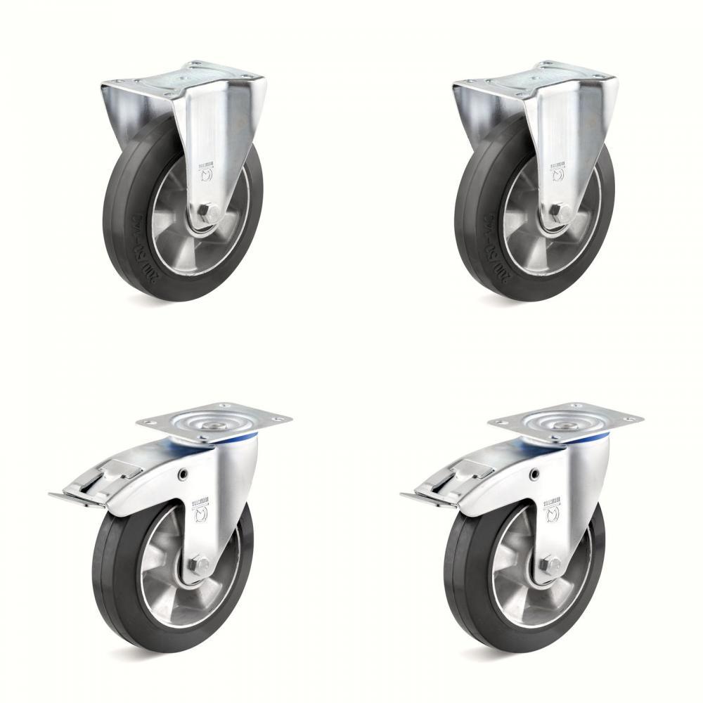 Hjulsæt - 2 drejelige og 2 faste hjul - hjul Ø 125 til 200 mm - højde 155 til 235 mm - bæreevne / sæt 600 til 1200 kg