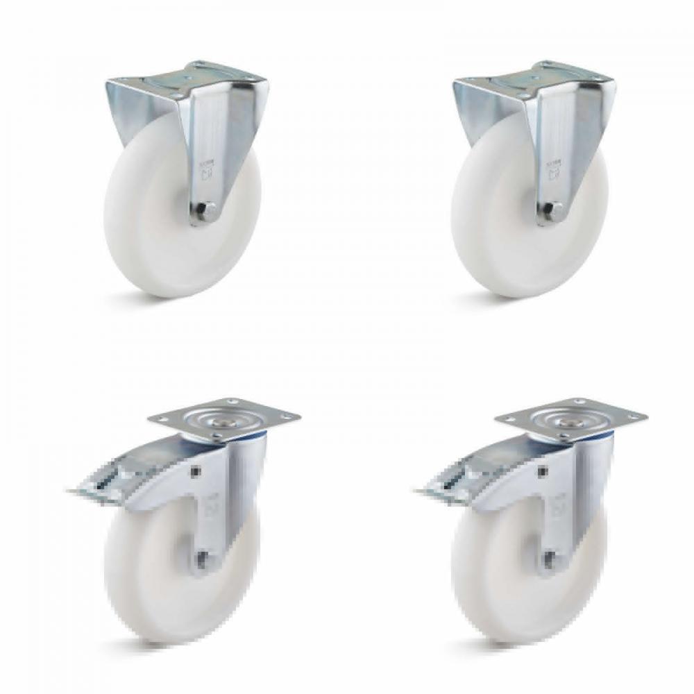 Castor set - 2 swivel and 2 fixed castors - wheel Ã˜ 80 to 200 mm - height 100 to 235 mm - load capacity / set 450 to 1050 kg