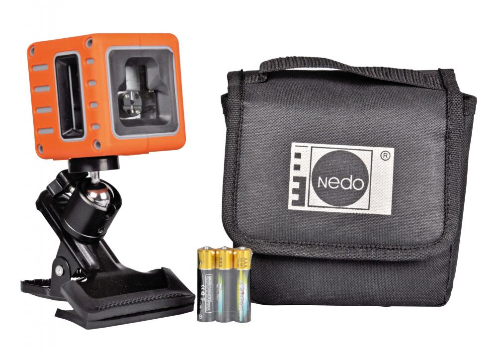 Laser multilinea Nedo - Cubo - con laser rosso o verde - incl. supporto, batterie e borsa