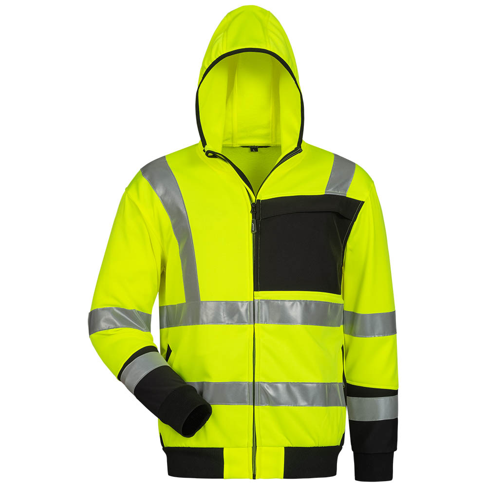 Warnschutzsweatjacke Bernadino - 100 % Polyester - fluoreszierend gelb, schwarz abgesetzt - Größe S-XXL