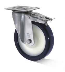 Zestaw kołowy skrętny ze stali nierdzewnej - koło z elastycznego poliuretanu - Ř koła 80 do 200 mm - wysokość konstrukcyjna 108 do 243 mm - nośność 130 do 450 kg