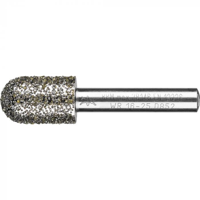PFERD-timanttihiontaharmaa harmaalle ja nodulaariselle valurauhalle - lieriömäinen muoto WR - hiukkaskoko D 852 - ulkohalkaisija ø 20 - 30 mm - varsi ø 6 ja 8 mm